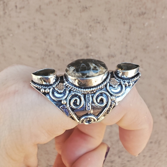 New Turtella Agate Fossil and Smoky Quartz 925 Silver Statement Ring. - Picture 6 of 7